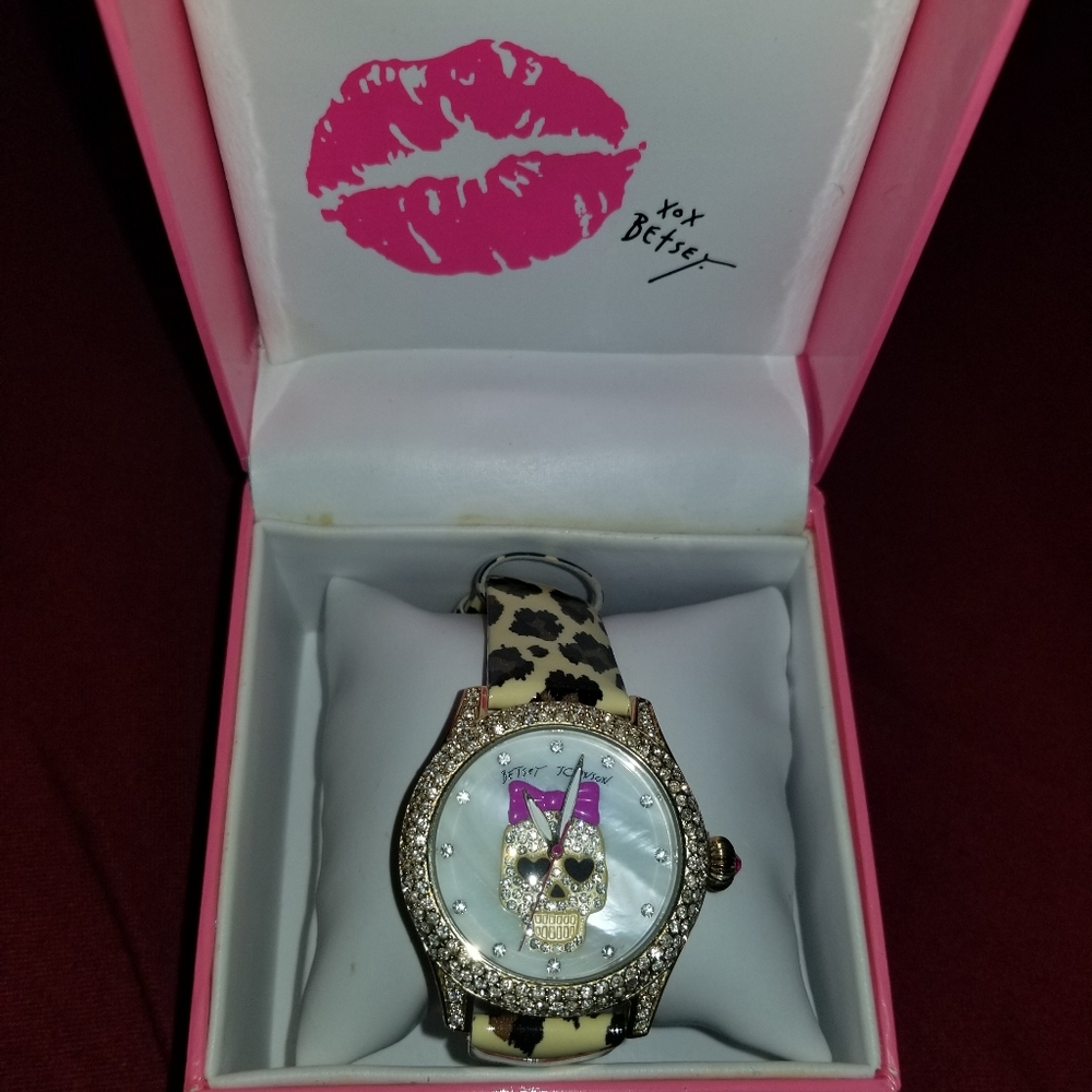 Betsey Johnson leopard skull crystal watch